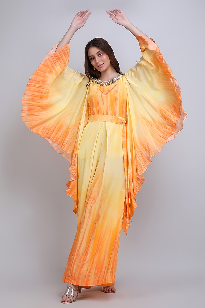 Orange Viscose Crepe Embroidered Jumpsuit by Mandira Wirk - Resort at Pernia's Pop Up Shop