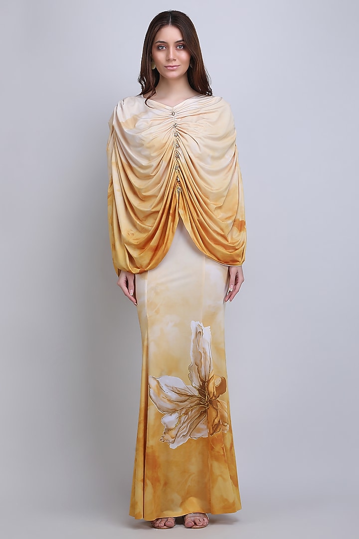 Ochre Silk Jersey Printed Jacket Cocktail Dress by Mandira Wirk - Resort at Pernia's Pop Up Shop