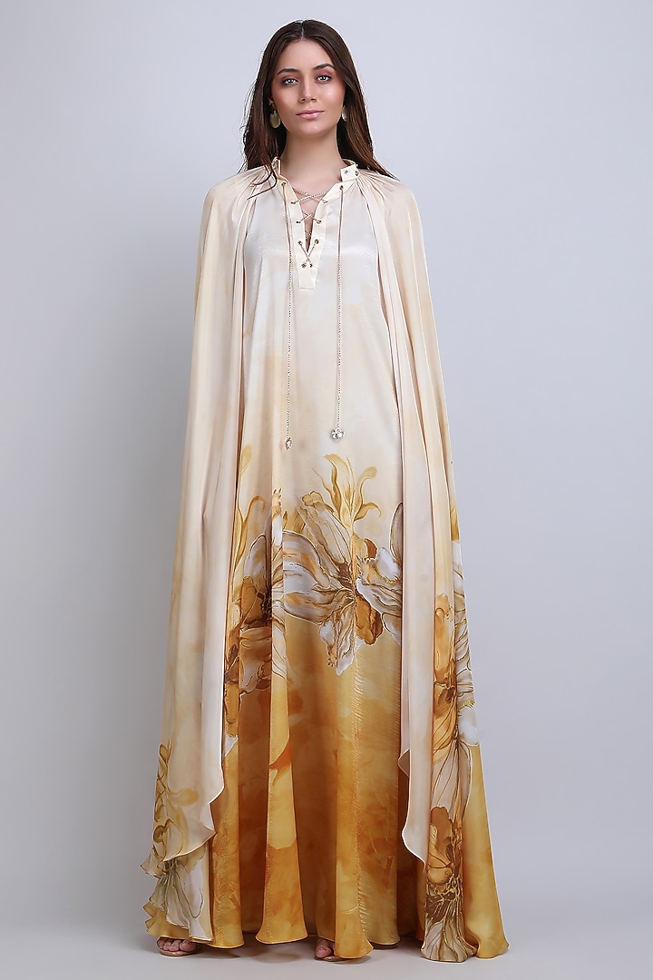 Ochre Chiffon Satin Floral Dress Styled Kaftan by Mandira Wirk - Resort at Pernia's Pop Up Shop