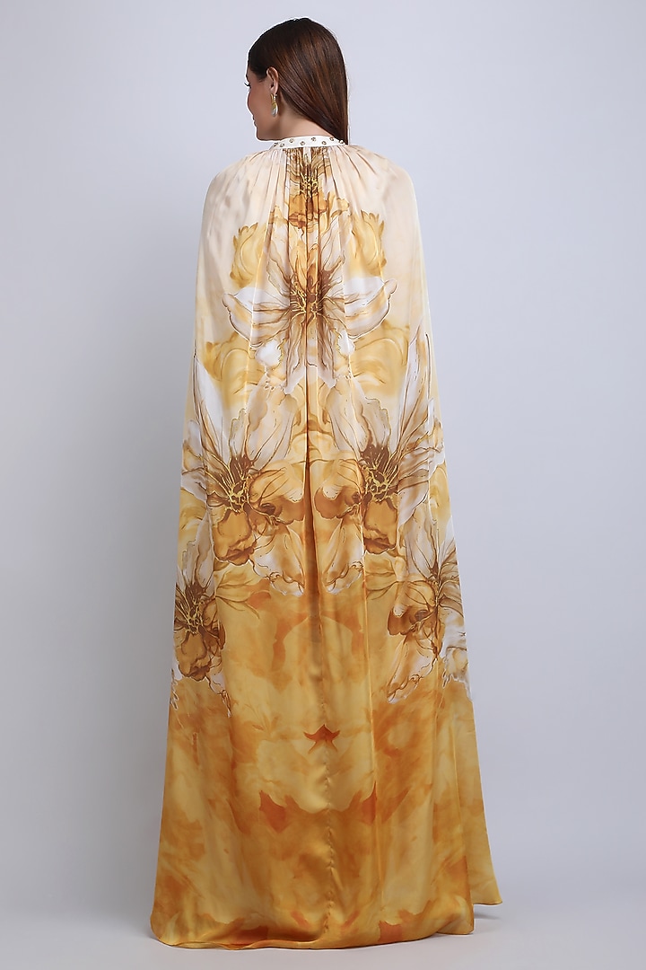 Ochre Chiffon Satin Floral Dress Styled Kaftan by Mandira Wirk - Resort at Pernia's Pop Up Shop