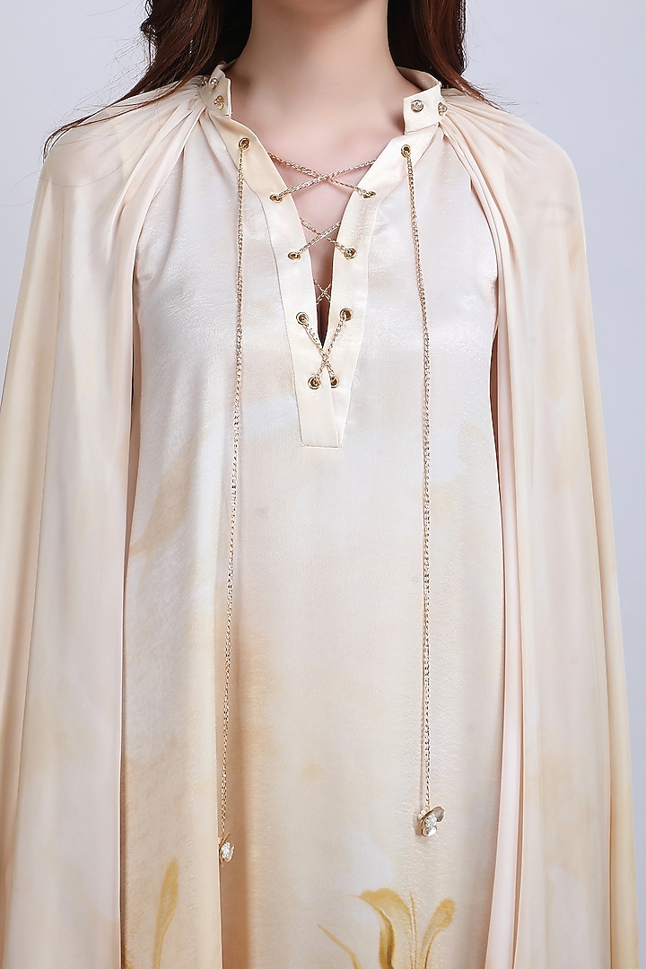 Ochre Chiffon Satin Floral Dress Styled Kaftan by Mandira Wirk - Resort at Pernia's Pop Up Shop
