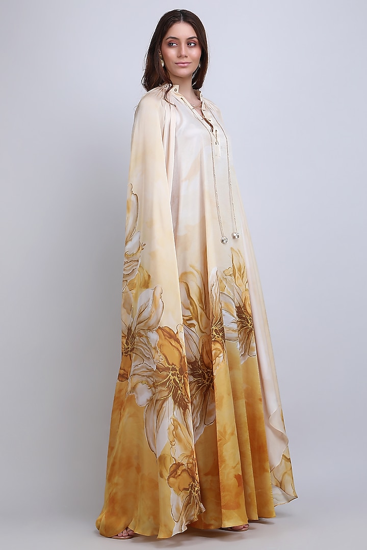 Ochre Chiffon Satin Floral Dress Styled Kaftan by Mandira Wirk - Resort at Pernia's Pop Up Shop