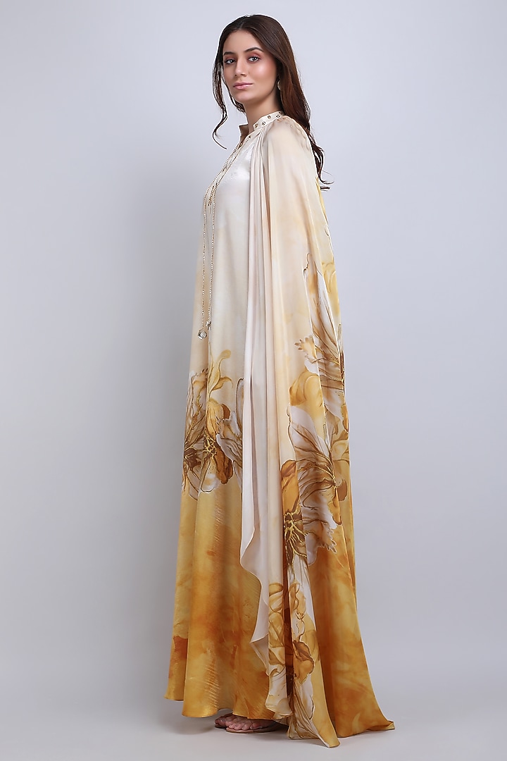 Ochre Chiffon Satin Floral Dress Styled Kaftan by Mandira Wirk - Resort at Pernia's Pop Up Shop