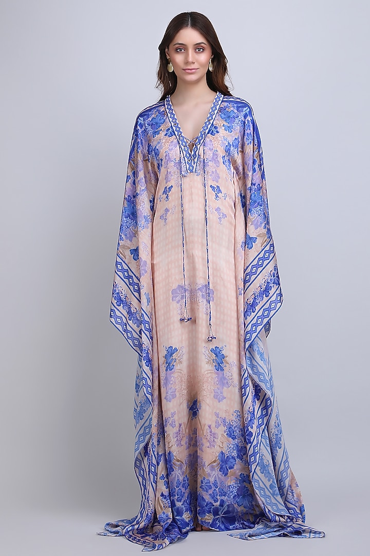 Ivory & Purple Chiffon Satin Floral Kaftan by Mandira Wirk - Resort at Pernia's Pop Up Shop