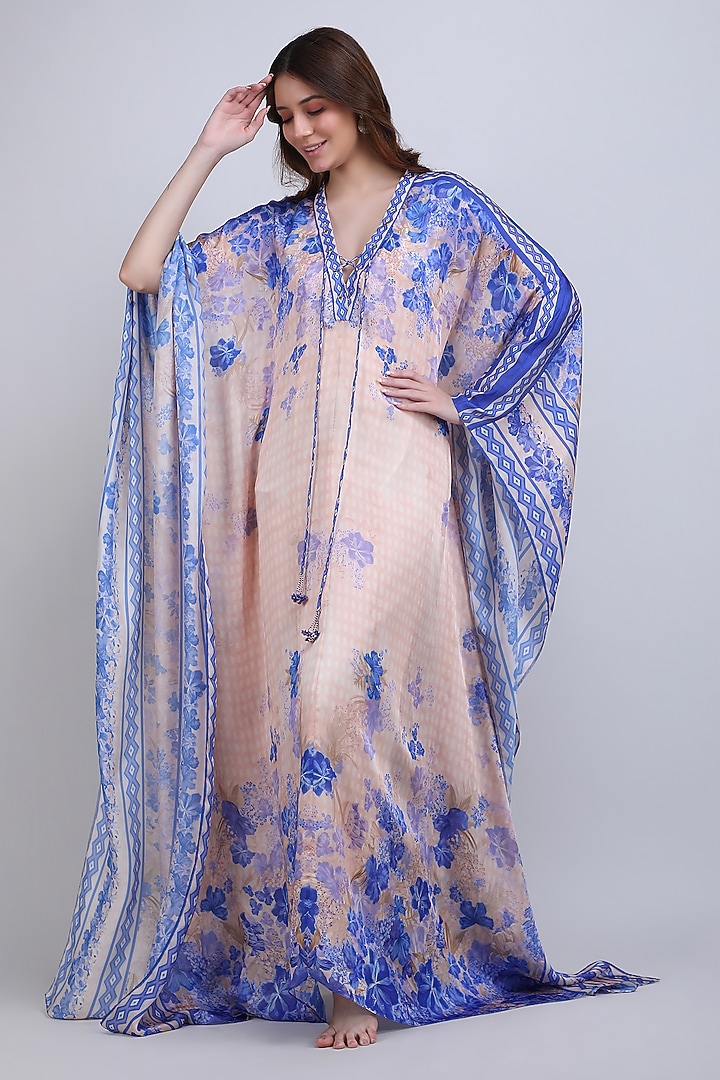 Ivory & Purple Chiffon Satin Floral Kaftan by Mandira Wirk - Resort at Pernia's Pop Up Shop