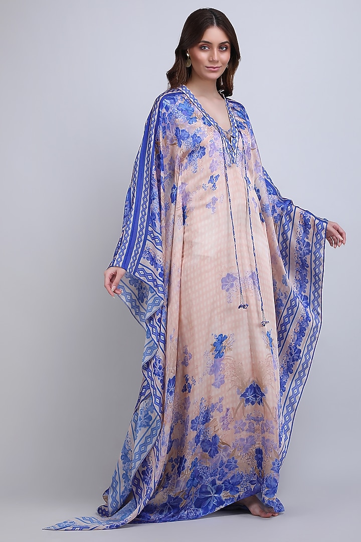 Ivory & Purple Chiffon Satin Floral Kaftan by Mandira Wirk - Resort at Pernia's Pop Up Shop
