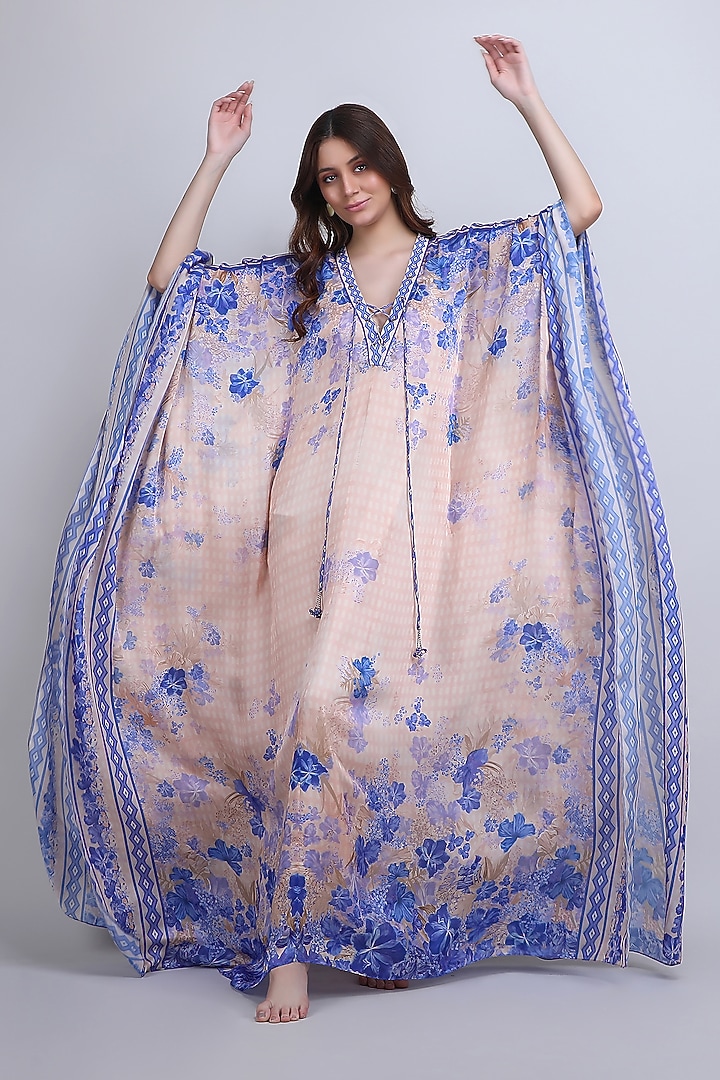 Ivory & Purple Chiffon Satin Floral Kaftan by Mandira Wirk - Resort at Pernia's Pop Up Shop
