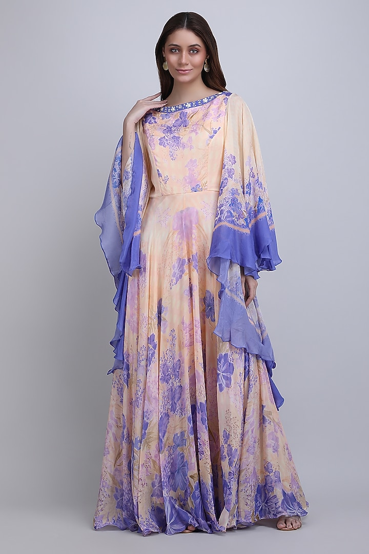 Ivory & Purple Viscose Crepe Embroidered Cocktail Dress by Mandira Wirk - Resort at Pernia's Pop Up Shop