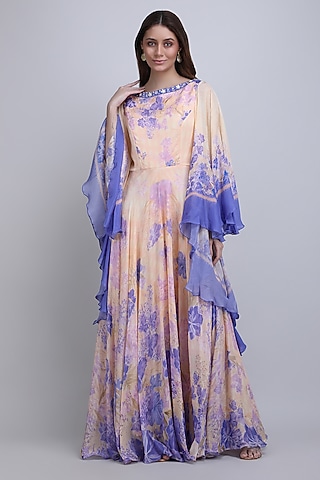 Ivory & Purple Viscose Crepe Embroidered Dress by Mandira Wirk - Resort