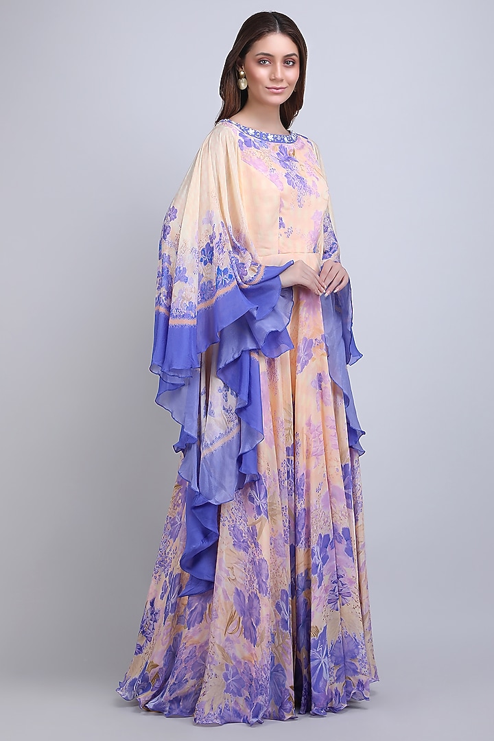 Ivory & Purple Viscose Crepe Embroidered Cocktail Dress by Mandira Wirk - Resort at Pernia's Pop Up Shop