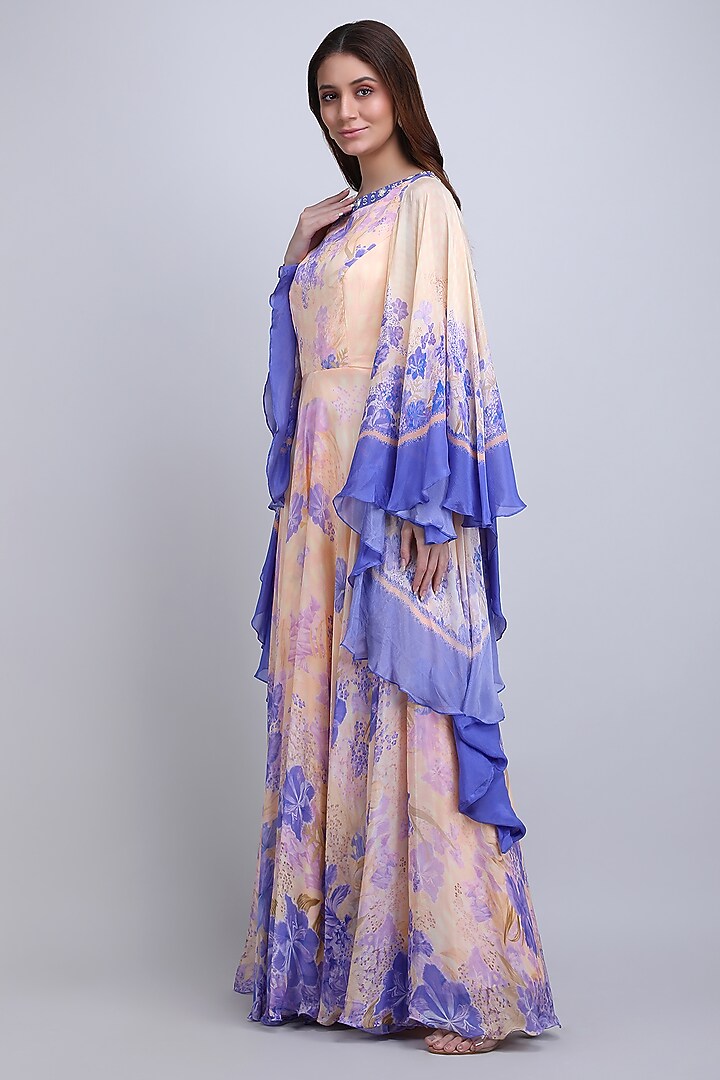 Ivory & Purple Viscose Crepe Embroidered Cocktail Dress by Mandira Wirk - Resort at Pernia's Pop Up Shop