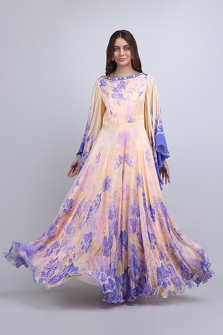 Ivory & Purple Viscose Crepe Embroidered Cocktail Dress by Mandira Wirk - Resort at Pernia's Pop Up Shop