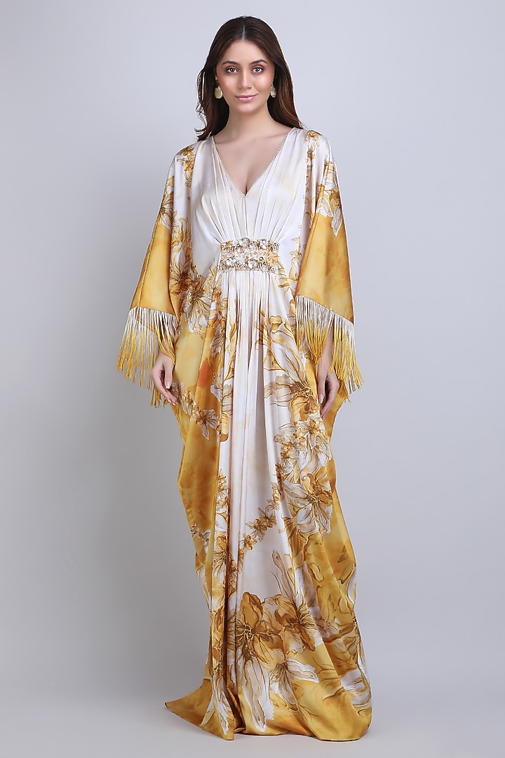 Ochre Sandwash Fabric Printed & Embroidered Draped Kaftan by Mandira Wirk - Resort at Pernia's Pop Up Shop