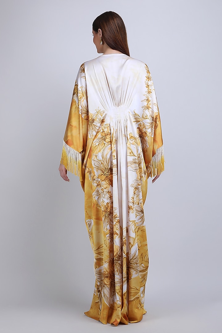 Ochre Sandwash Fabric Printed & Embroidered Draped Kaftan by Mandira Wirk - Resort at Pernia's Pop Up Shop