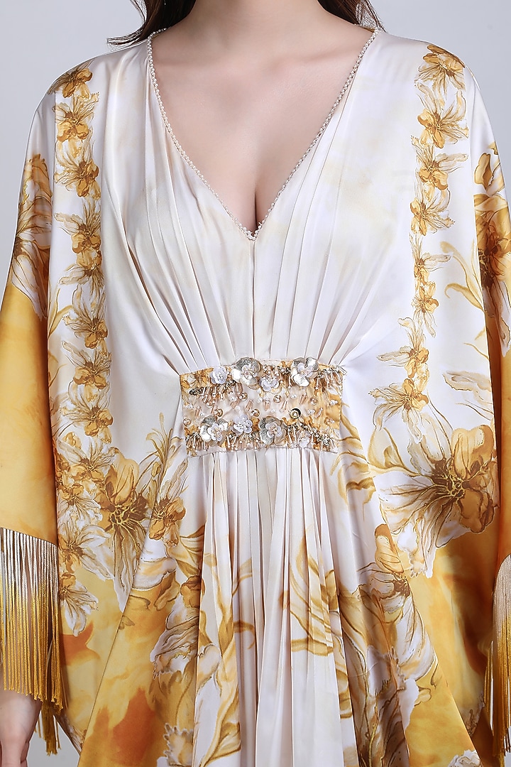 Ochre Sandwash Fabric Printed & Embroidered Draped Kaftan by Mandira Wirk - Resort at Pernia's Pop Up Shop