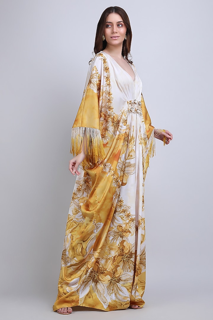 Ochre Sandwash Fabric Printed & Embroidered Draped Kaftan by Mandira Wirk - Resort at Pernia's Pop Up Shop