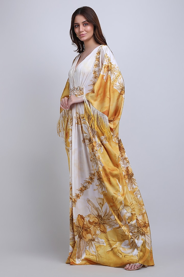Ochre Sandwash Fabric Printed & Embroidered Draped Kaftan by Mandira Wirk - Resort at Pernia's Pop Up Shop
