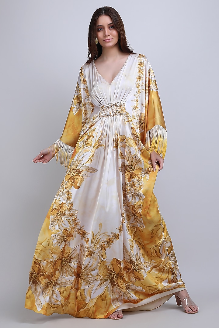 Ochre Sandwash Fabric Printed & Embroidered Draped Kaftan by Mandira Wirk - Resort at Pernia's Pop Up Shop