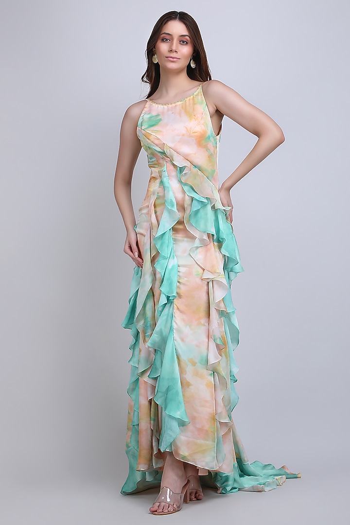 Yellow & Green Chiffon Satin Cocktail Dress by Mandira Wirk - Resort at Pernia's Pop Up Shop