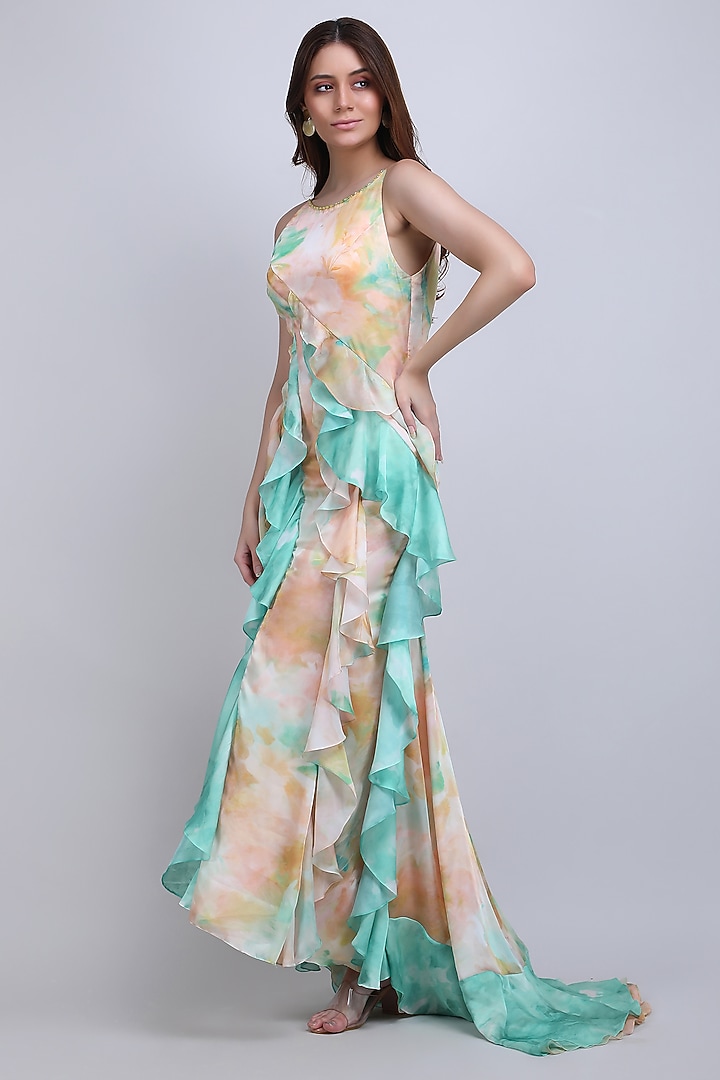 Yellow & Green Chiffon Satin Cocktail Dress by Mandira Wirk - Resort at Pernia's Pop Up Shop