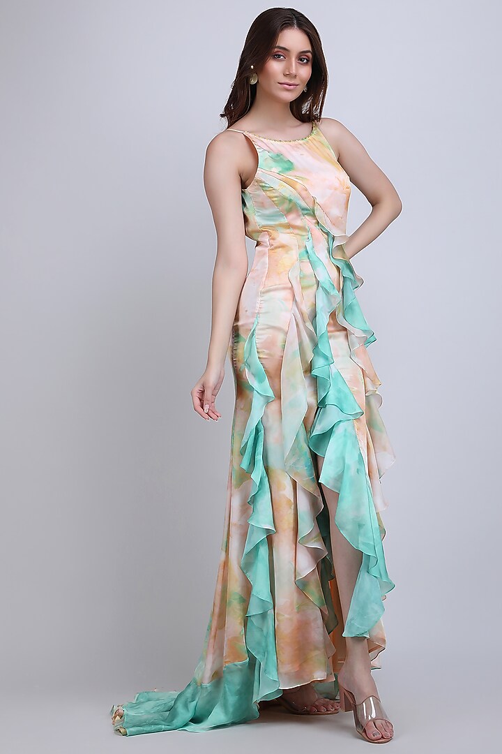 Yellow & Green Chiffon Satin Cocktail Dress by Mandira Wirk - Resort at Pernia's Pop Up Shop