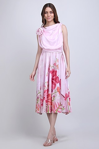 Pink Silk Crepe Handwork Dress by Mandira Wirk - Resort