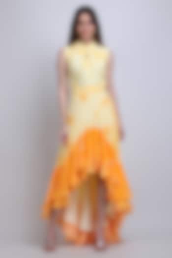 Yellow Viscose Crepe Handwork High-Low Ruffled Cocktail Dress by Mandira Wirk - Resort at Pernia's Pop Up Shop