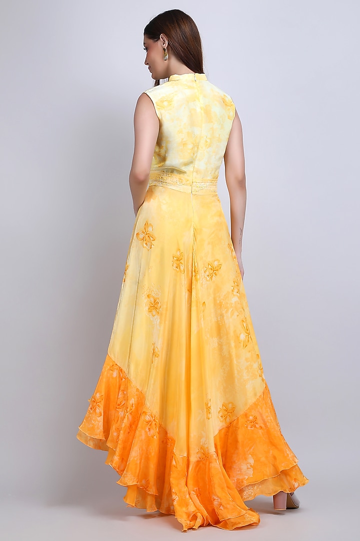 Yellow Viscose Crepe Handwork High-Low Ruffled Cocktail Dress by Mandira Wirk - Resort at Pernia's Pop Up Shop