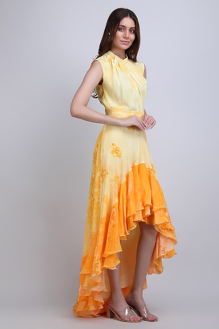 Yellow Viscose Crepe Handwork High-Low Ruffled Cocktail Dress by Mandira Wirk - Resort at Pernia's Pop Up Shop