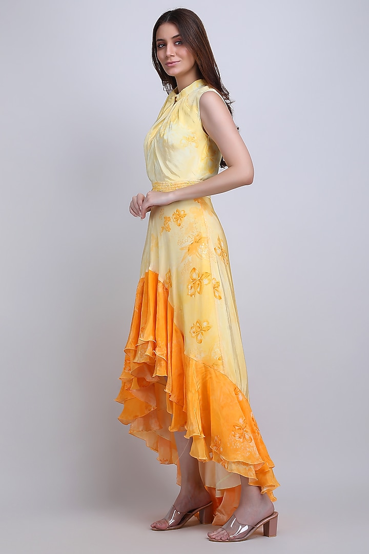Yellow Viscose Crepe Handwork High-Low Ruffled Cocktail Dress by Mandira Wirk - Resort at Pernia's Pop Up Shop