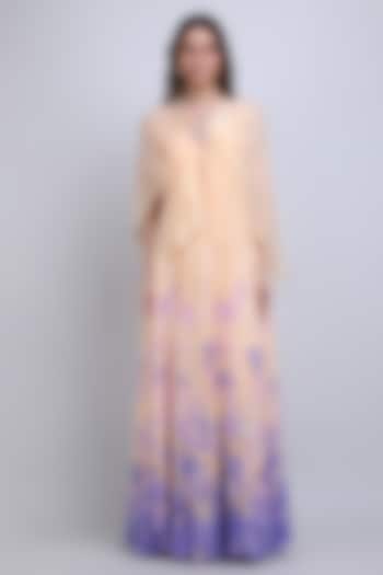 Ivory & Purple Viscose Chiffon Floral Engagement Gown With Cape by Mandira Wirk - Resort at Pernia's Pop Up Shop