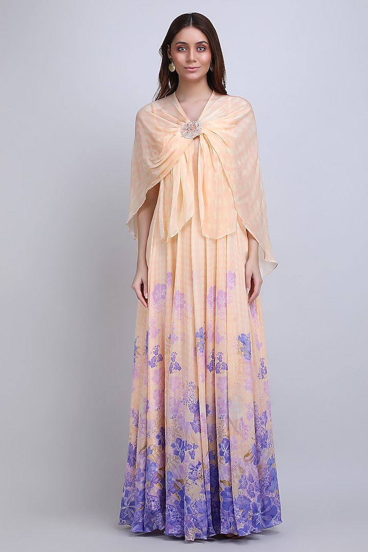 Ivory & Purple Viscose Chiffon Floral Engagement Gown With Cape by Mandira Wirk - Resort at Pernia's Pop Up Shop