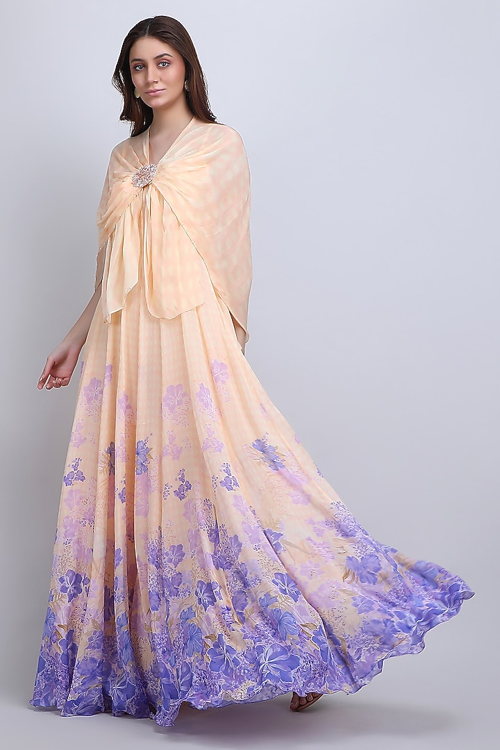 Ivory & Purple Viscose Chiffon Floral Engagement Gown With Cape by Mandira Wirk - Resort at Pernia's Pop Up Shop