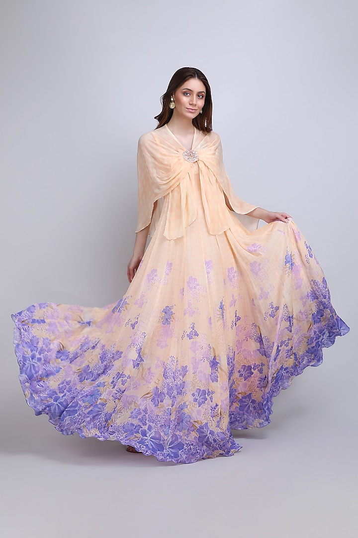Ivory & Purple Viscose Chiffon Floral Engagement Gown With Cape by Mandira Wirk - Resort at Pernia's Pop Up Shop