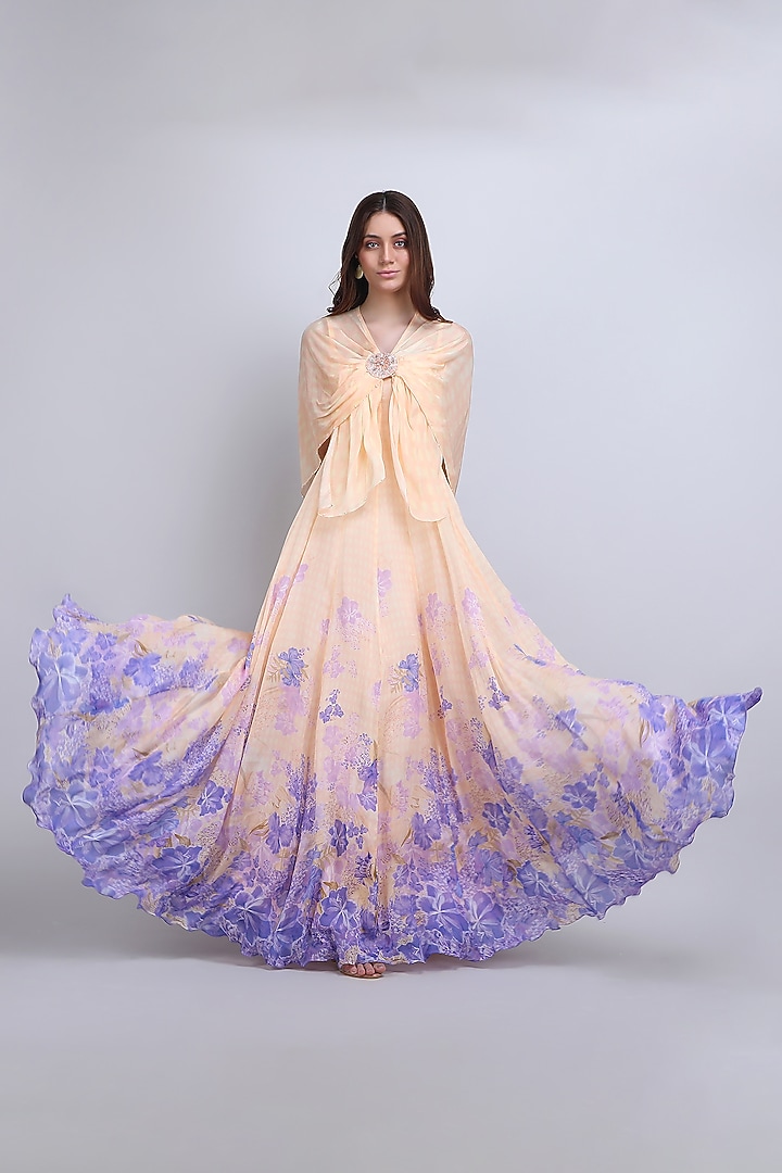 Ivory & Purple Viscose Chiffon Floral Engagement Gown With Cape by Mandira Wirk - Resort at Pernia's Pop Up Shop