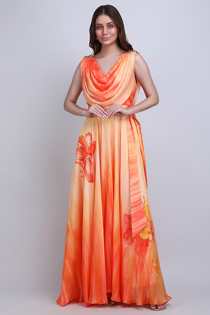 Orange Chiffon Satin Embroidered Cocktail Dress by Mandira Wirk - Resort at Pernia's Pop Up Shop
