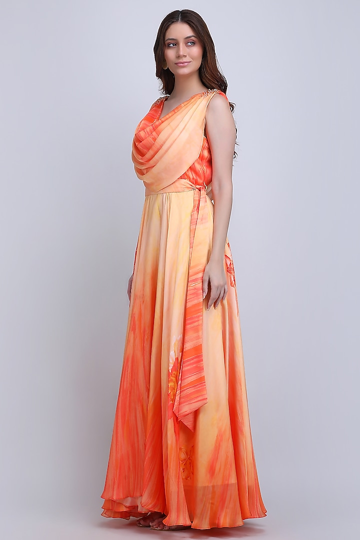Orange Chiffon Satin Embroidered Cocktail Dress by Mandira Wirk - Resort at Pernia's Pop Up Shop