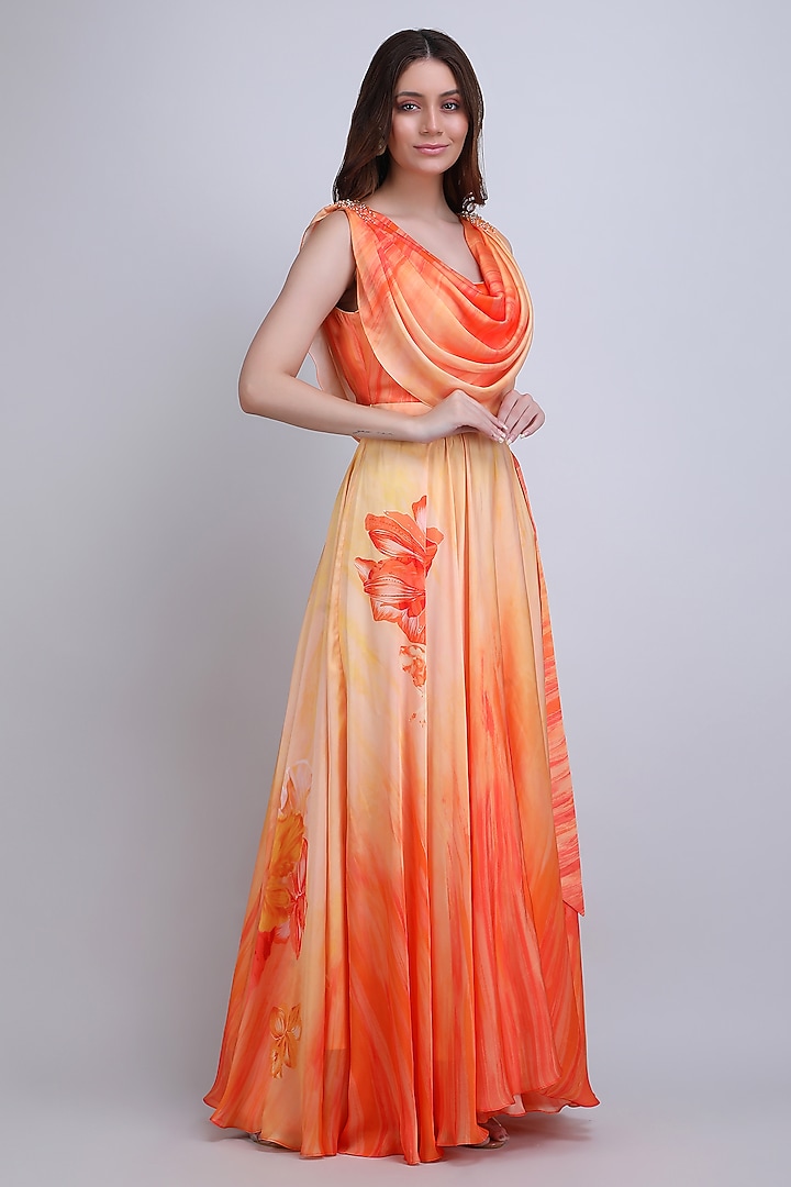 Orange Chiffon Satin Embroidered Cocktail Dress by Mandira Wirk - Resort at Pernia's Pop Up Shop