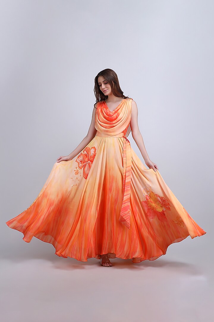 Orange Chiffon Satin Embroidered Cocktail Dress by Mandira Wirk - Resort at Pernia's Pop Up Shop
