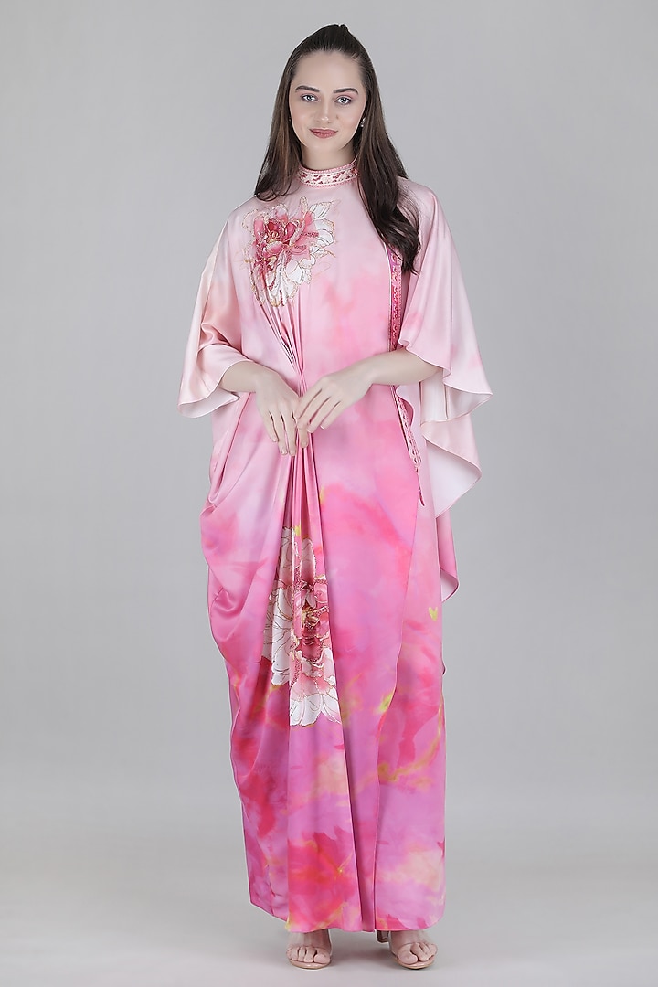 Pink Sumo Satin Embroidered Draped Kaftan by Mandira Wirk - Resort at Pernia's Pop Up Shop