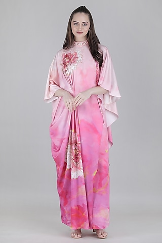 Pink Sumo Satin Embroidered Draped Kaftan by Mandira Wirk - Resort