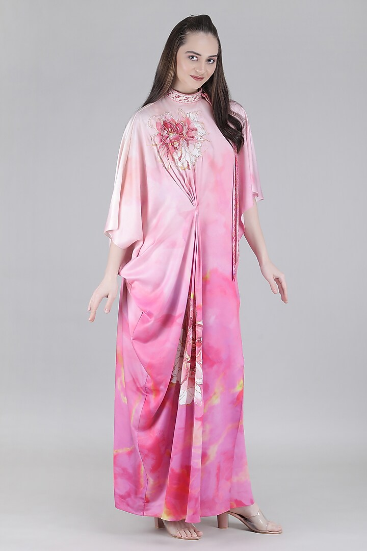 Pink Sumo Satin Embroidered Draped Kaftan by Mandira Wirk - Resort at Pernia's Pop Up Shop