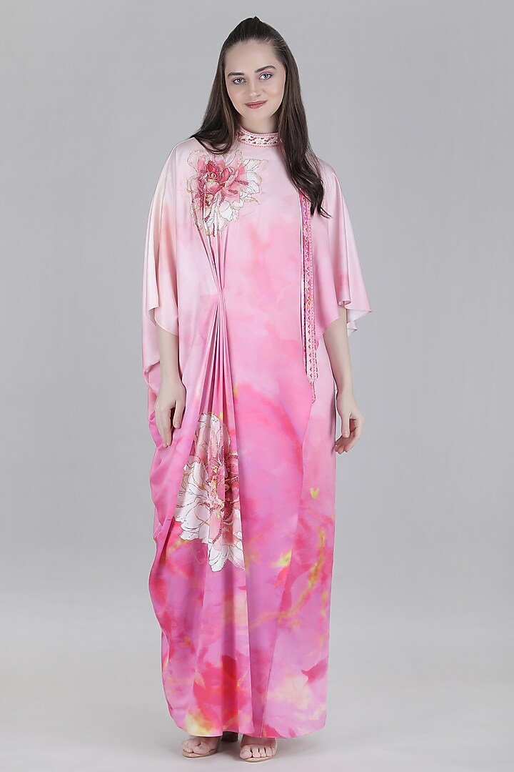 Pink Sumo Satin Embroidered Draped Kaftan by Mandira Wirk - Resort at Pernia's Pop Up Shop