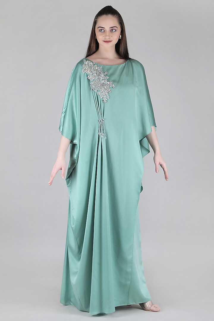 Green Sumo Satin Embellished Kaftan by Mandira Wirk - Resort at Pernia's Pop Up Shop
