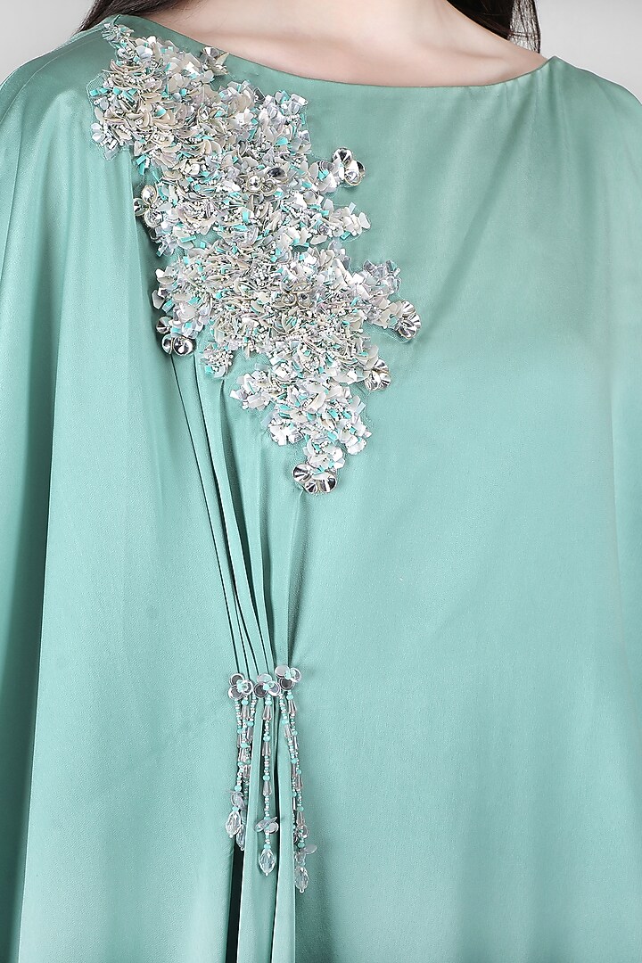 Green Sumo Satin Embellished Kaftan by Mandira Wirk - Resort at Pernia's Pop Up Shop