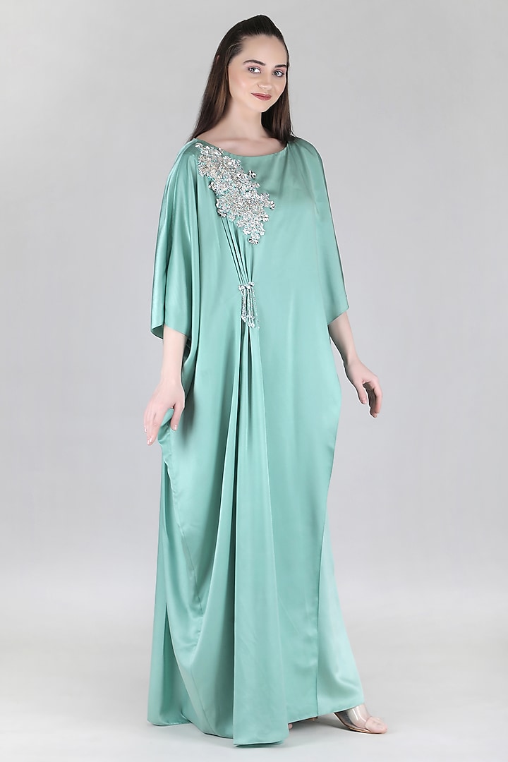 Green Sumo Satin Embellished Kaftan by Mandira Wirk - Resort at Pernia's Pop Up Shop