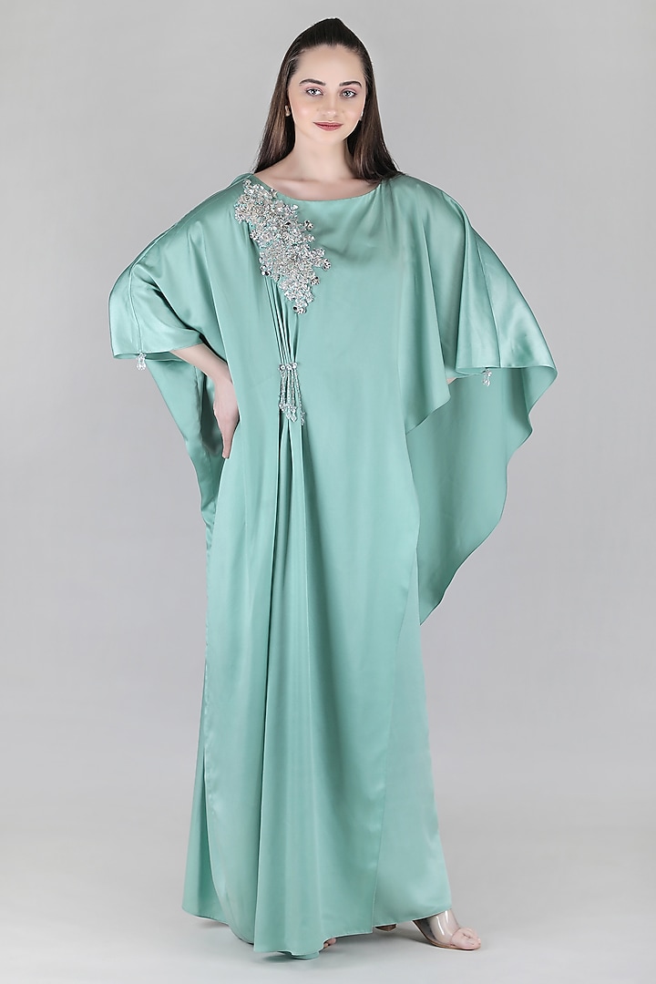 Green Sumo Satin Embellished Kaftan by Mandira Wirk - Resort at Pernia's Pop Up Shop
