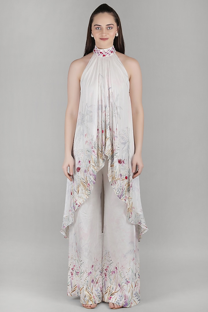Ivory Viscose Chiffon & Cotton Linen Embroidered Co-Ord Set by Mandira Wirk - Resort at Pernia's Pop Up Shop