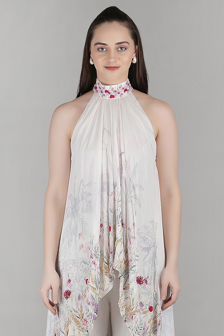 Ivory Viscose Chiffon & Cotton Linen Embroidered Co-Ord Set by Mandira Wirk - Resort at Pernia's Pop Up Shop