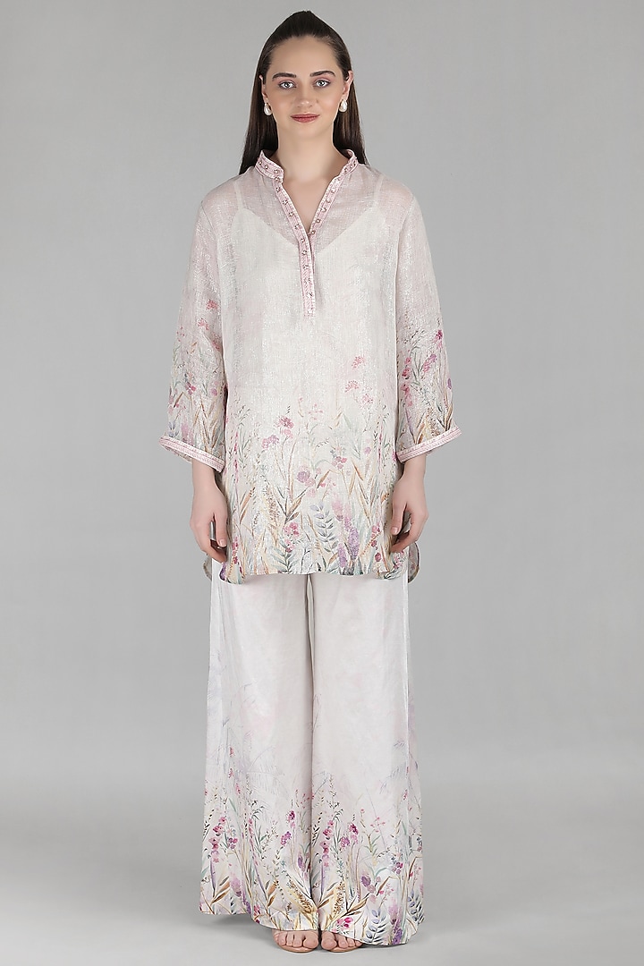 Ivory Lurex Linen & Cotton Linen Printed Co-Ord Set by Mandira Wirk - Resort at Pernia's Pop Up Shop